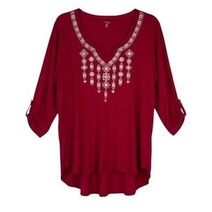Great Northwest Indigo 1X Red Embellished Rhinestone Embroidery Hi-Lo Tunic Top